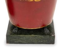 A Pair of French Red and Gilt Tole Peinte Cache Pots