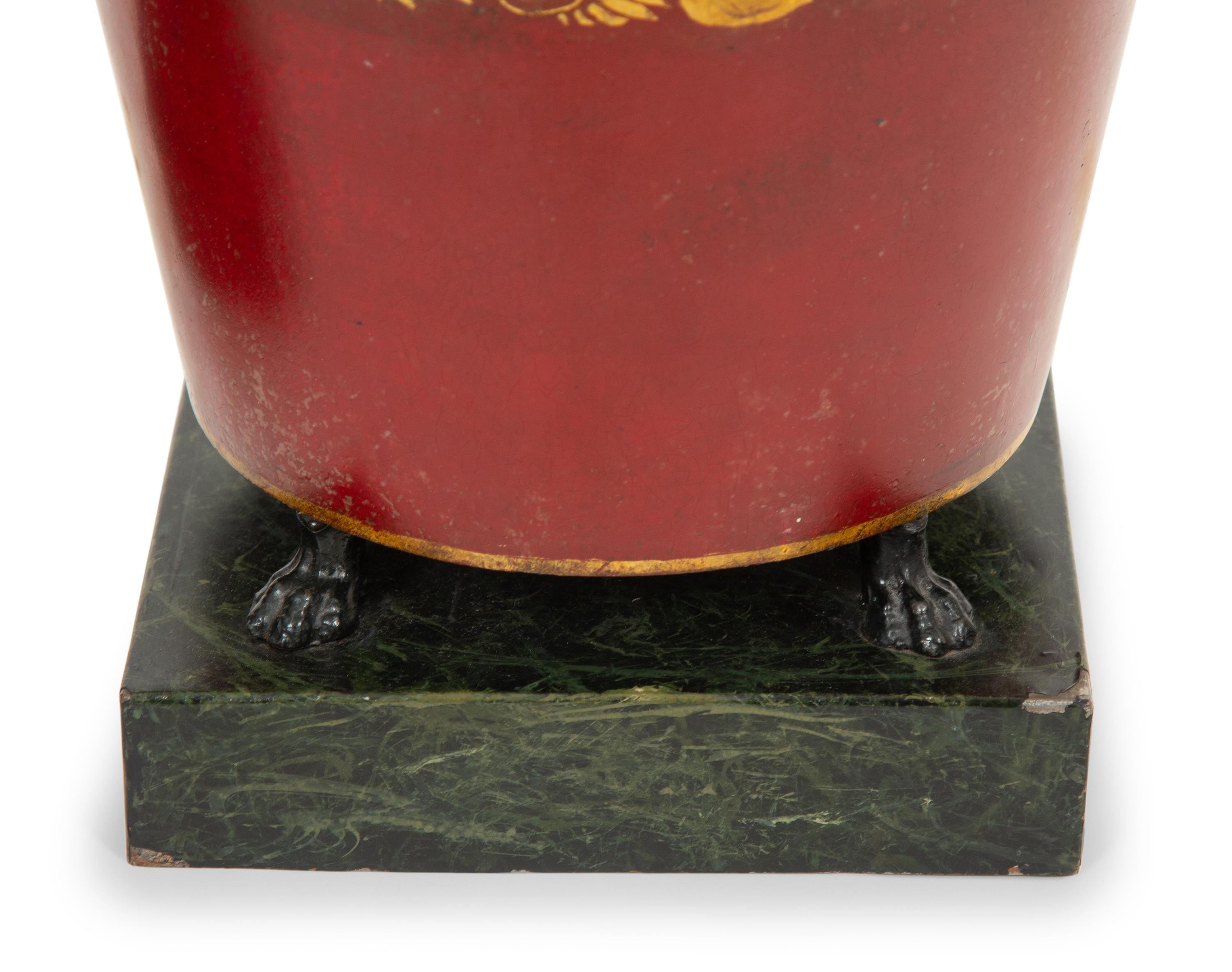 A Pair of French Red and Gilt Tole Peinte Cache Pots