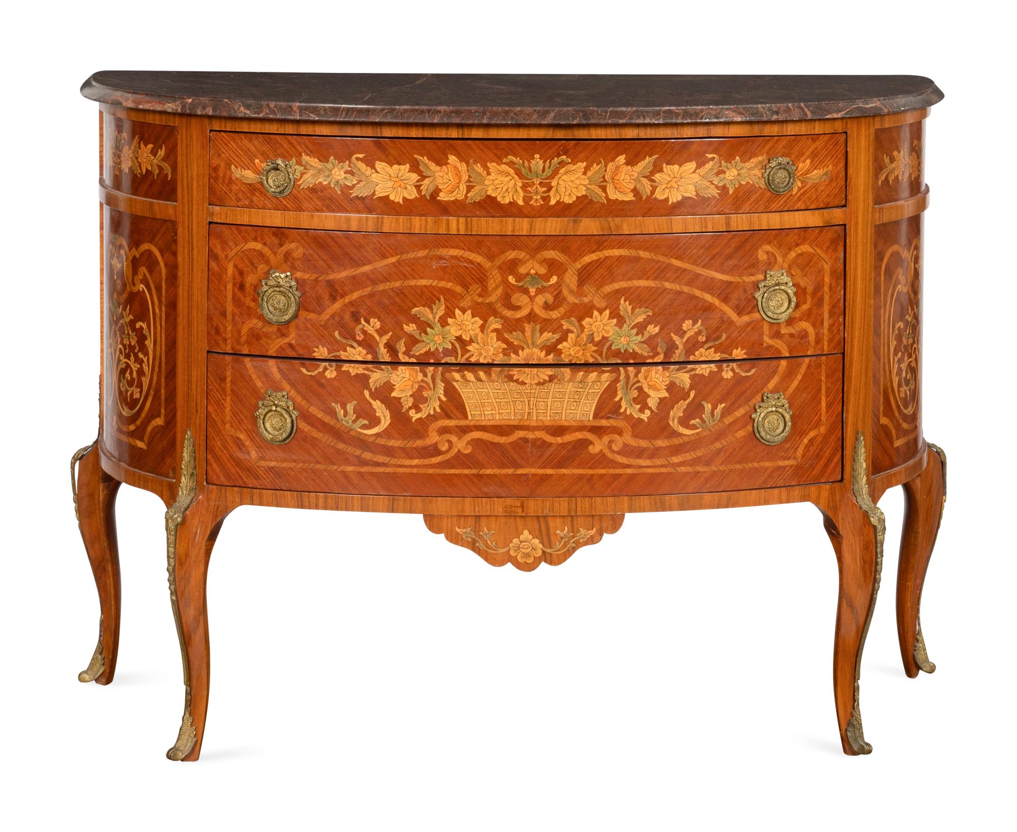 A Louis XV/XVI Transitional Style Marquetry Marble-Top Commode