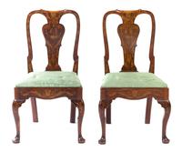 A Pair of Dutch Marquetry Walnut Side Chairs Height 38 1/2 inches.