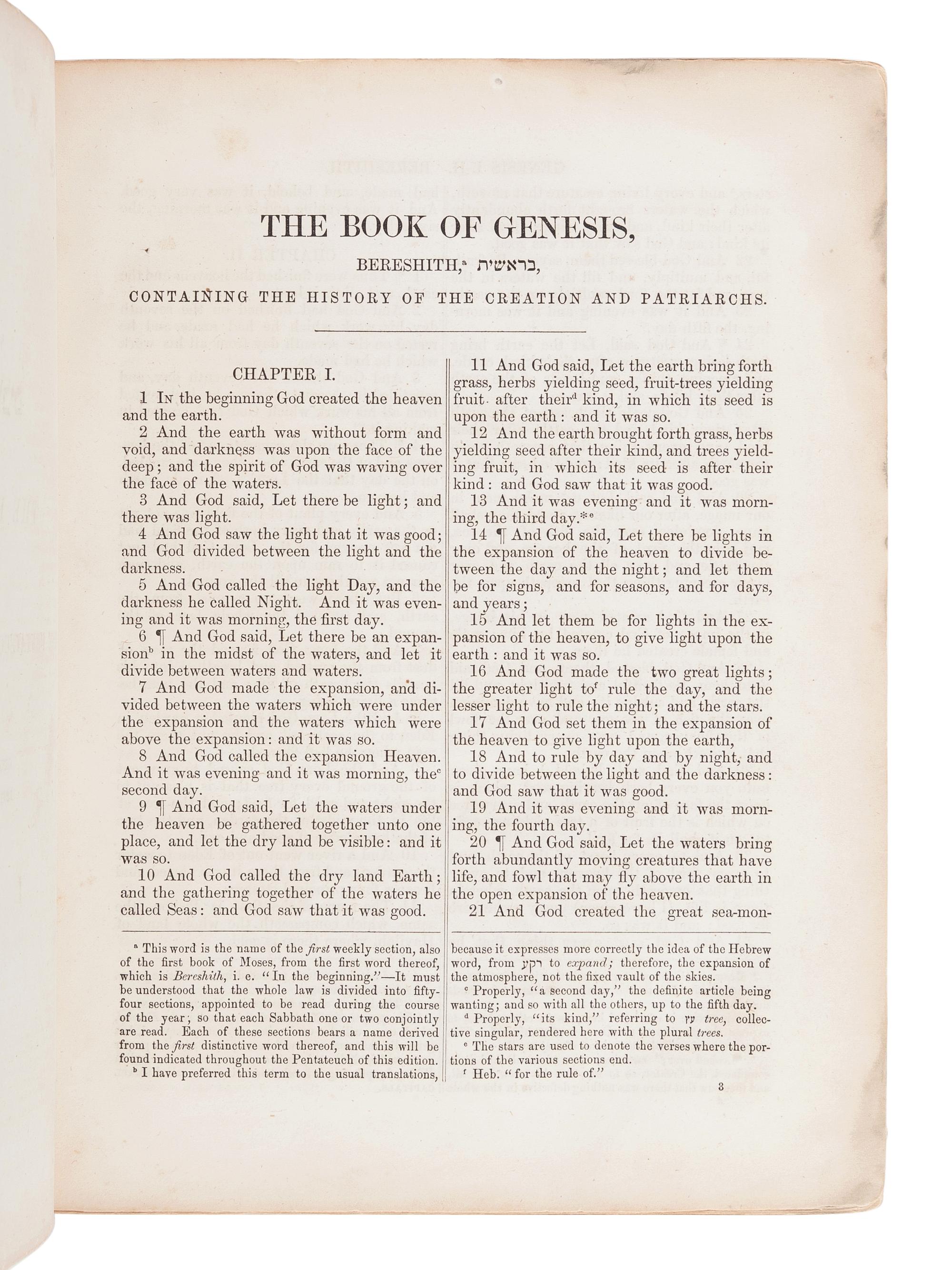 [BIBLE, OLD TESTAMENT, in English]. The Twenty-Four Books of the Holy Scriptures . Translated by Isaac Leeser. Philadelphia: [Isaac Leeser], 5614 [1853-54].