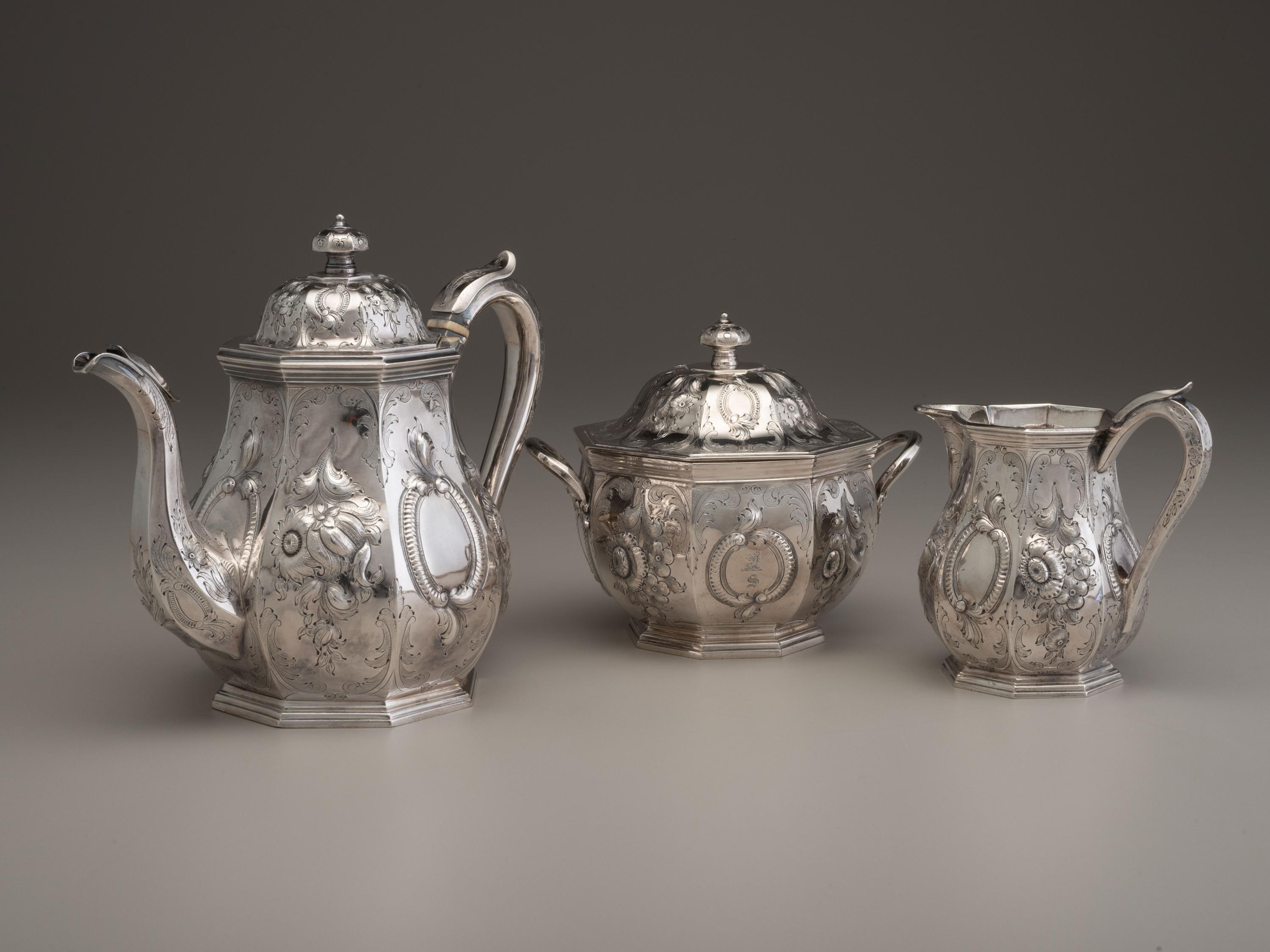 A Ball, Tompkins & Black Three-Piece Coin Silver Tea Service