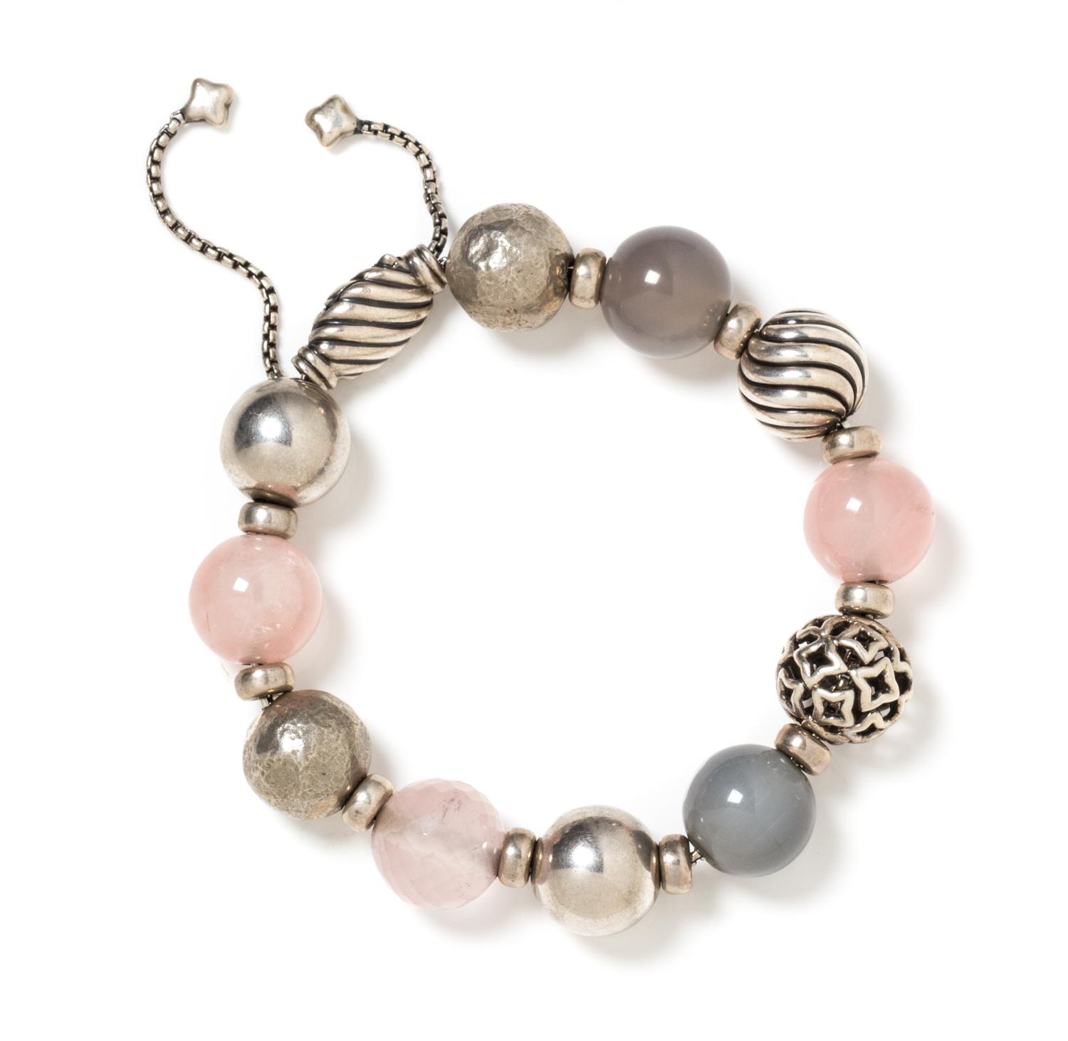 A Sterling Silver, Rose Quartz and Grey Chalcedony 'Elements' Bracelet, David Yurman, 29.10 dwts.