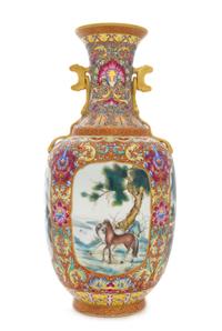 A Famille Rose Porcelain Vase Height 14 1/2 inches.