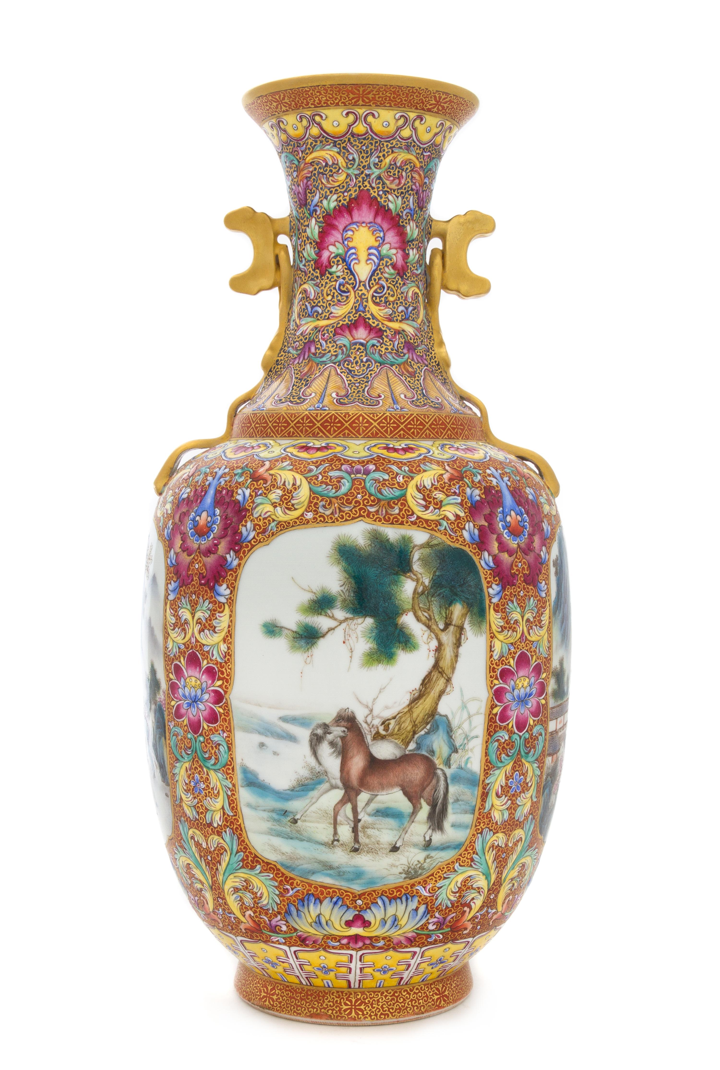 A Famille Rose Porcelain Vase Height 14 1/2 inches.