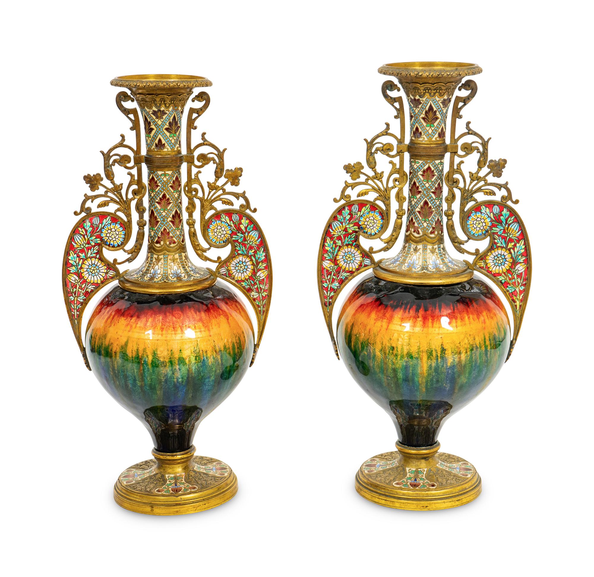 A Pair of French Gilt Bronze, Champlevé Enamel and Plique a Jour Baluster Vases