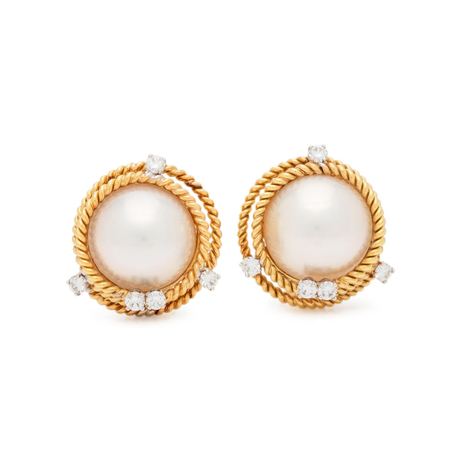 CULTURED MABE PEARL AND DIAMOND EARCLIPS