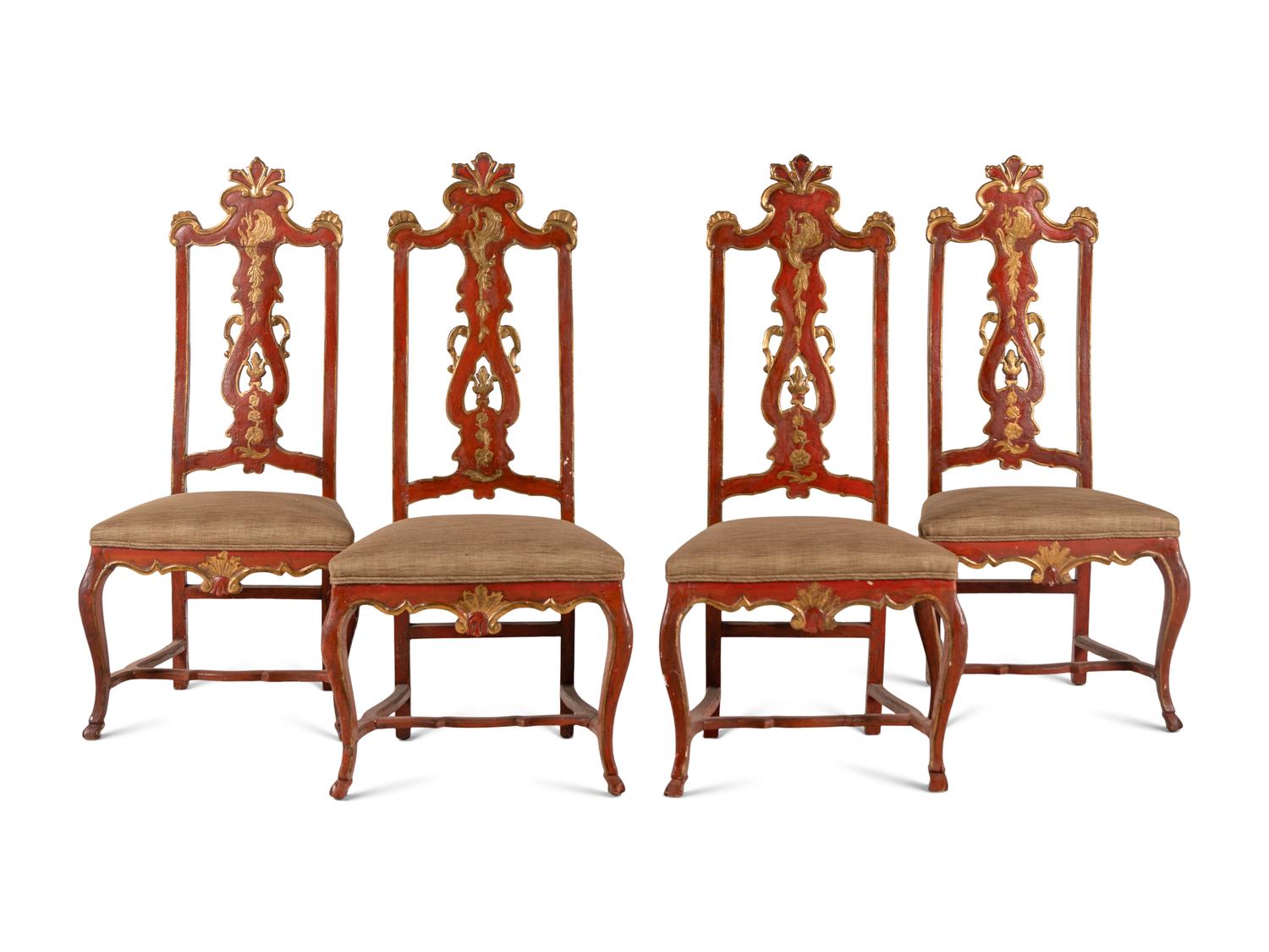 A Set of Four Venetian Painted and Parcel-Gilt Side Chairs