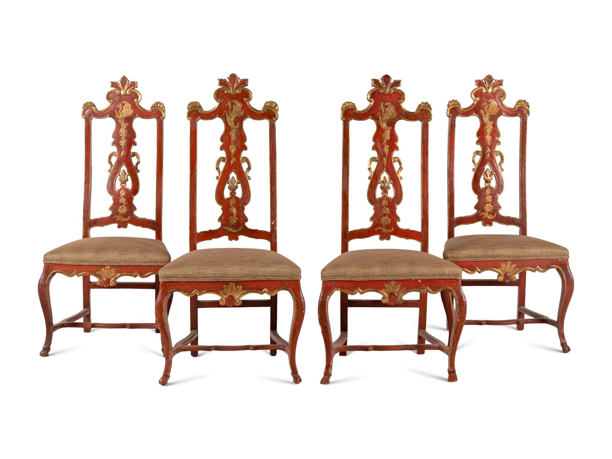 A Set of Four Venetian Painted and Parcel-Gilt Side Chairs