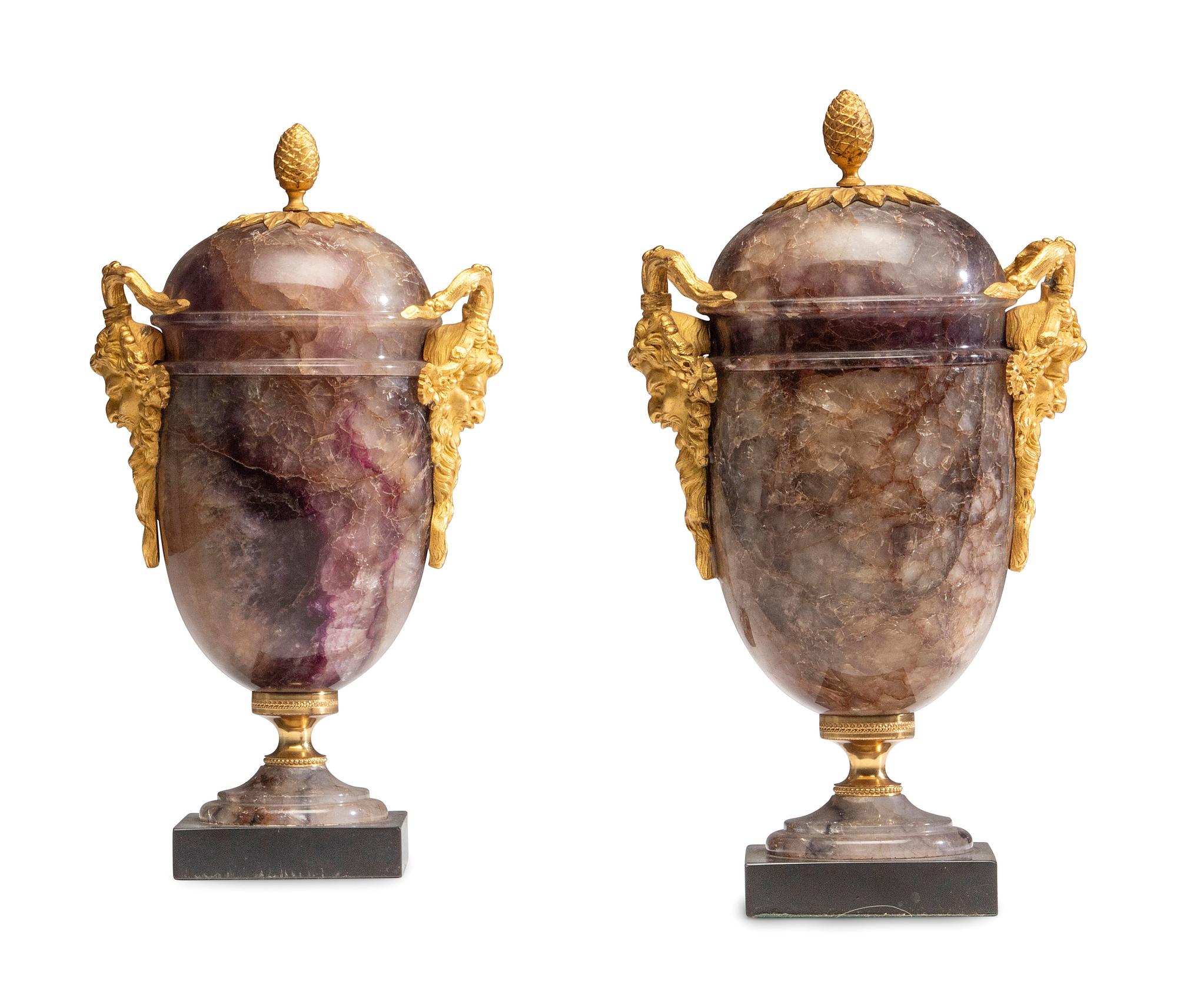 A Pair of George III Gilt Bronze Mounted Blue John Cassolettes