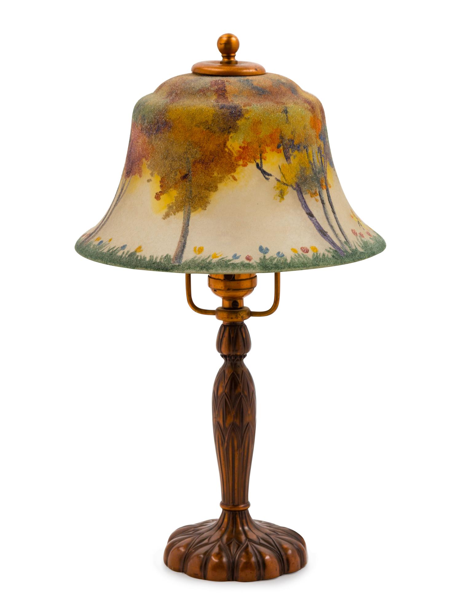 A Pairpoint Reverse-Painted Brass and Glass Table Lamp