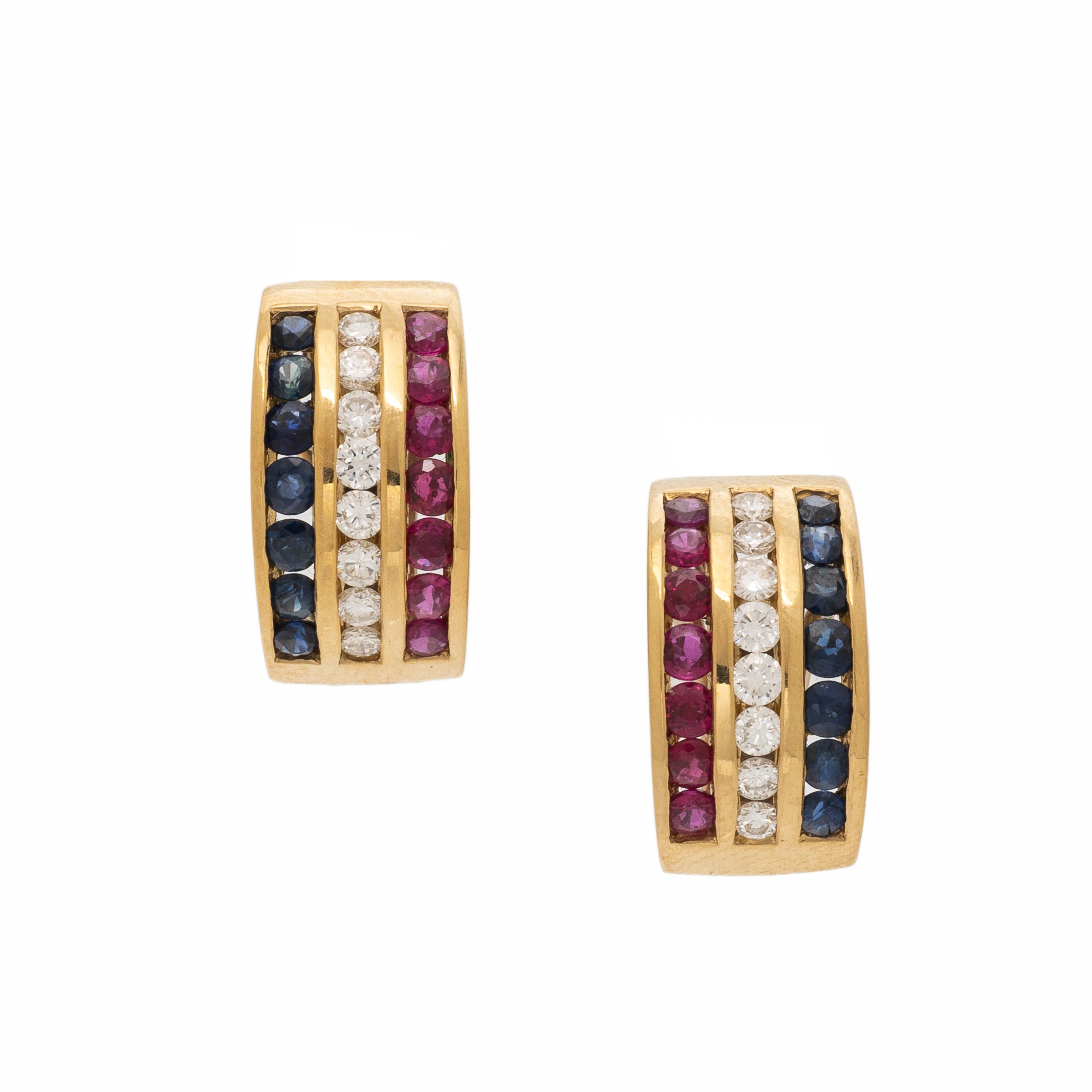 Sapphire, Diamond, Ruby, and Yellow Gold Earrings