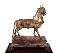 An Indian Brass Model of a Bull in a Walnut and Acrylic Vitrine
