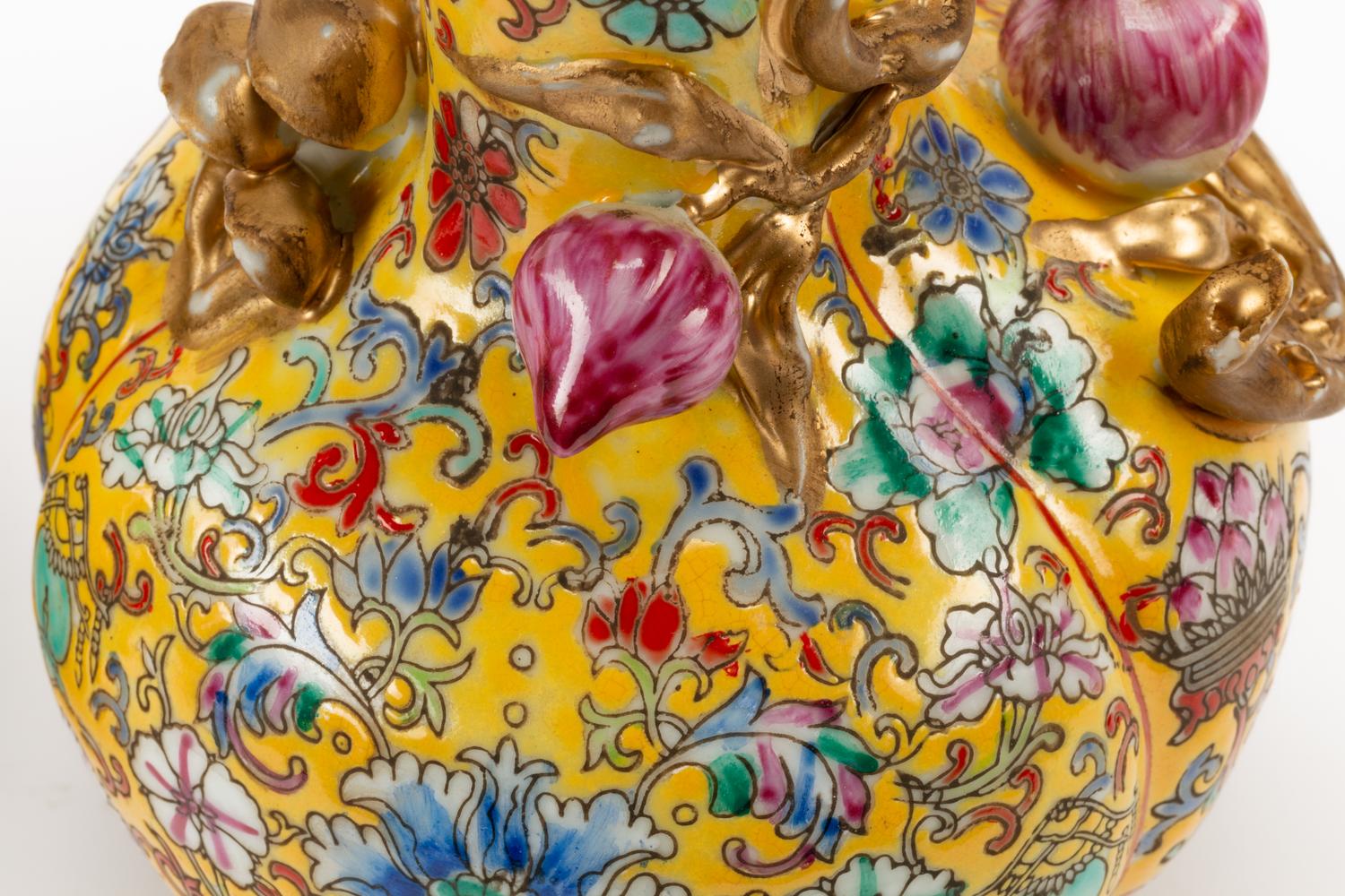 A Pair of Chinese Export Famille Jaune "Peach" Vases