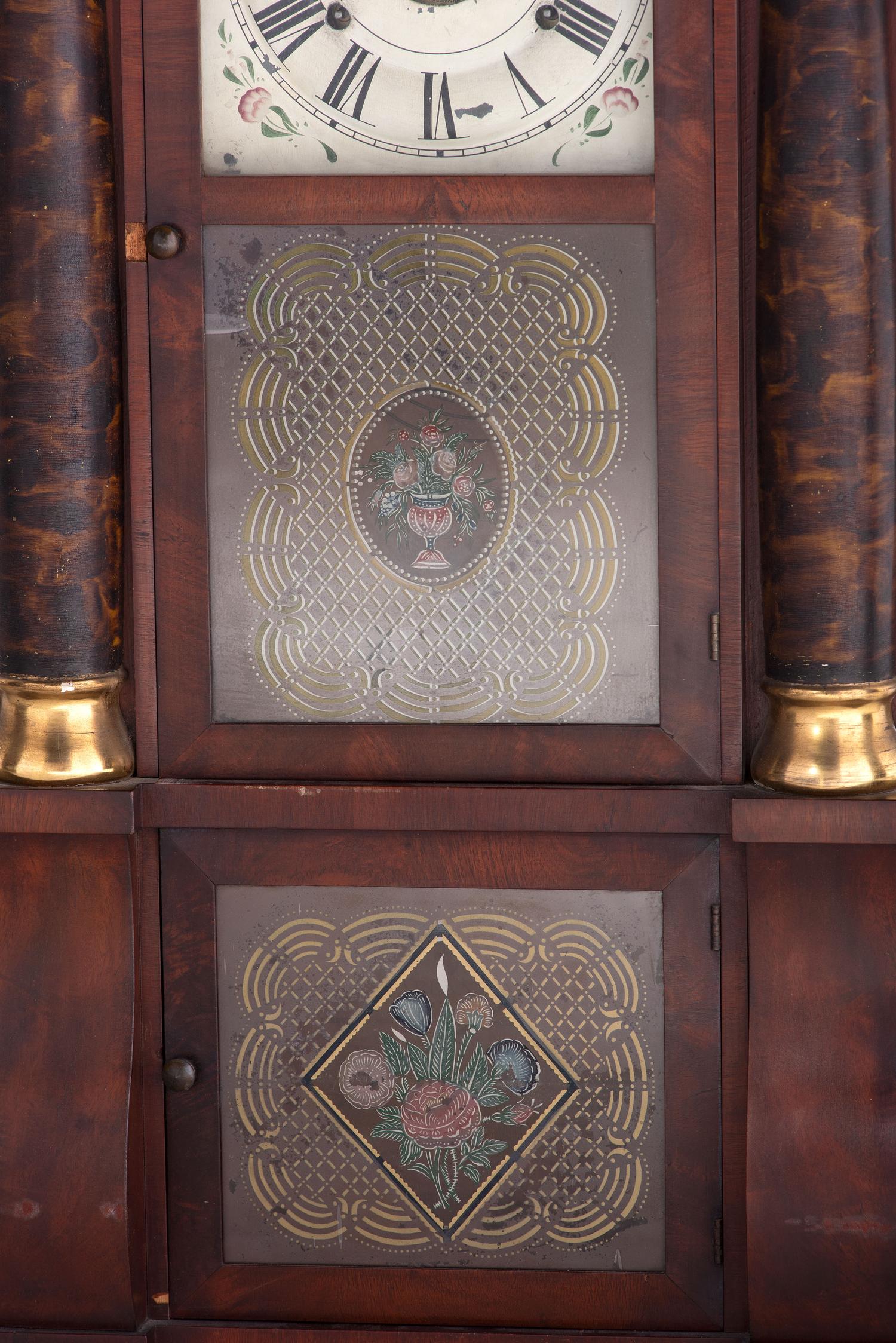 An American Classical Mahogany Eglomise Mantel Clock