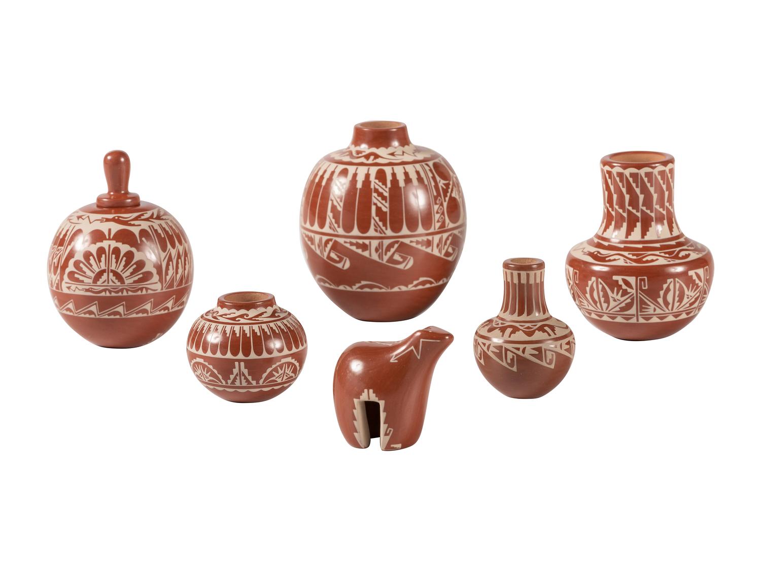 Miniature White-on-Red Pottery Jars and Bear