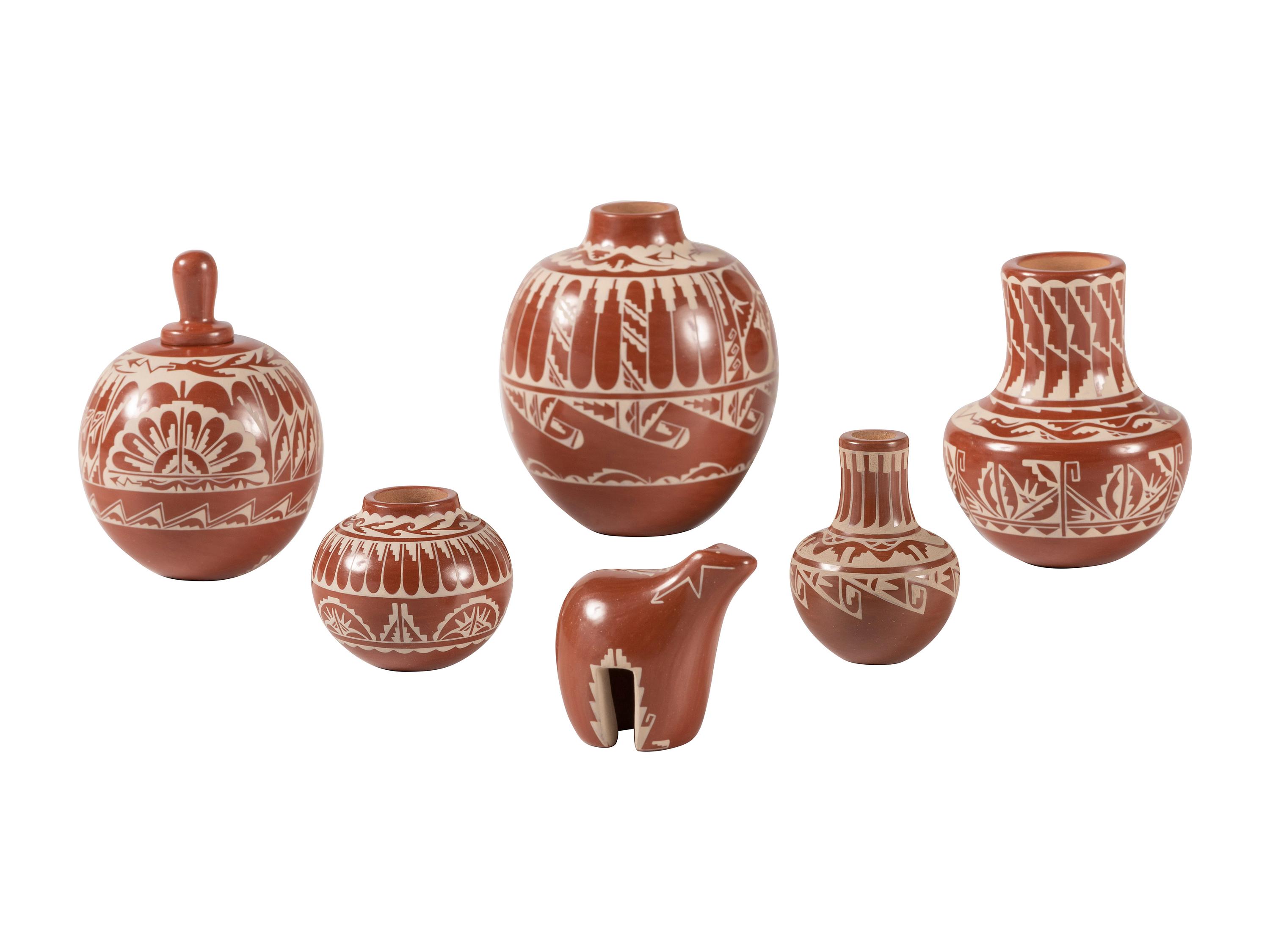 Miniature White-on-Red Pottery Jars and Bear