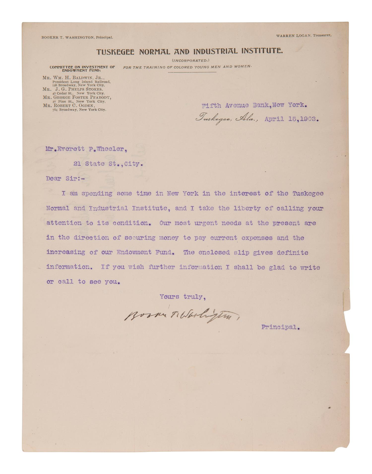 WASHINGTON, Booker T. (1856-1915). Typed letter signed to Everett P. Wheeler. Tuskegee, AL, 1903.