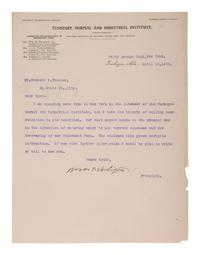 WASHINGTON, Booker T. (1856-1915). Typed letter signed to Everett P. Wheeler. Tuskegee, AL, 1903.