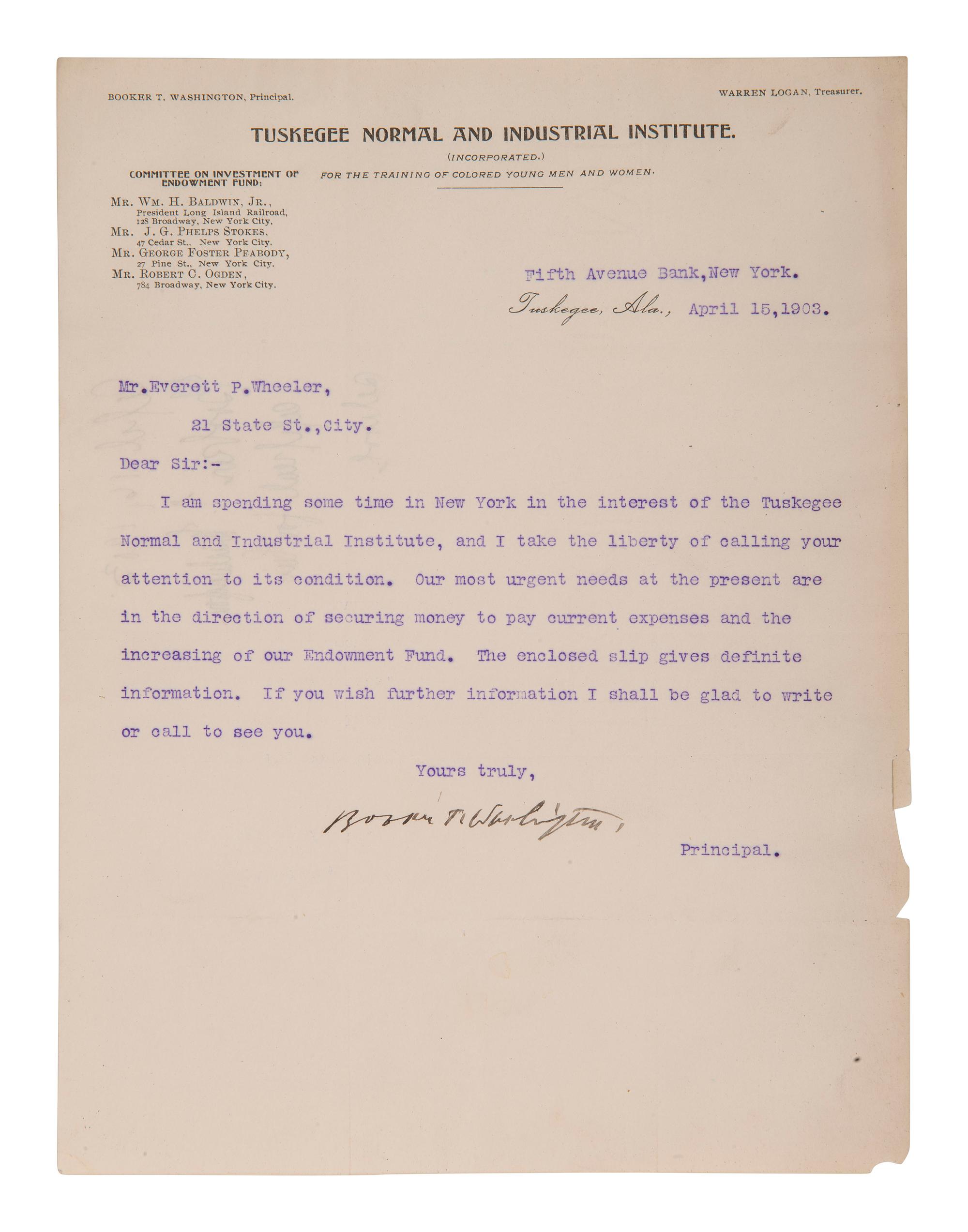 WASHINGTON, Booker T. (1856-1915). Typed letter signed to Everett P. Wheeler. Tuskegee, AL, 1903.