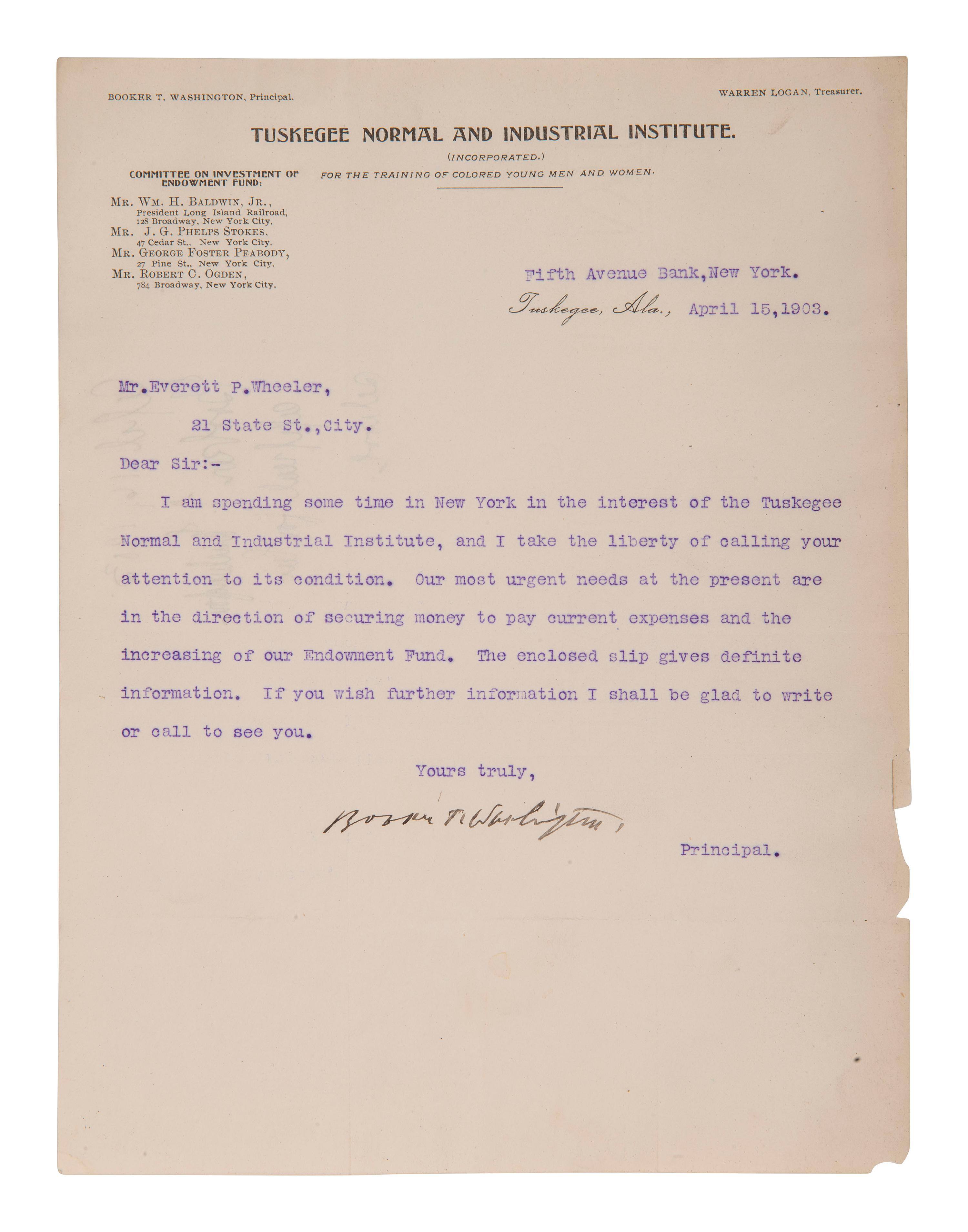 WASHINGTON, Booker T. (1856-1915). Typed letter signed to Everett P. Wheeler. Tuskegee, AL, 1903.