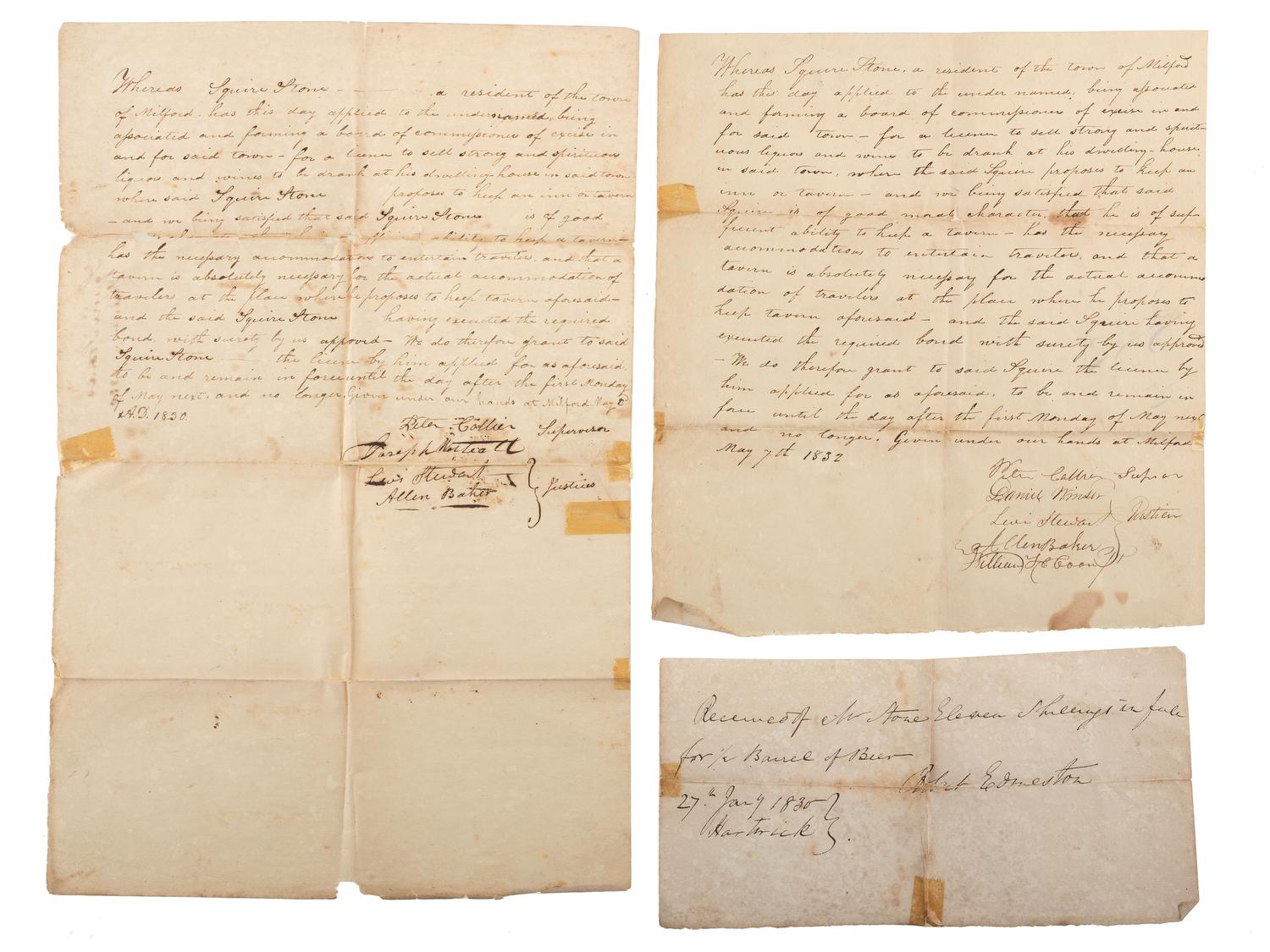 [WAR OF 1812]. Group of 9 documents related to New York tavern owner Squire Stone (1791-1884), including appointment to 60th New York Regiment of Infantry.