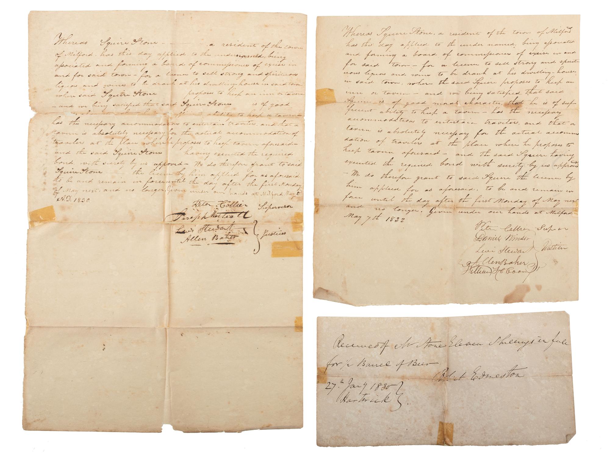 [WAR OF 1812]. Group of 9 documents related to New York tavern owner Squire Stone (1791-1884), including appointment to 60th New York Regiment of Infantry.