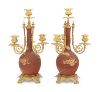 A Pair of Japanese Gilt Bronze Mounted Parcel Gilt Ceramic Four-Light Candelabra