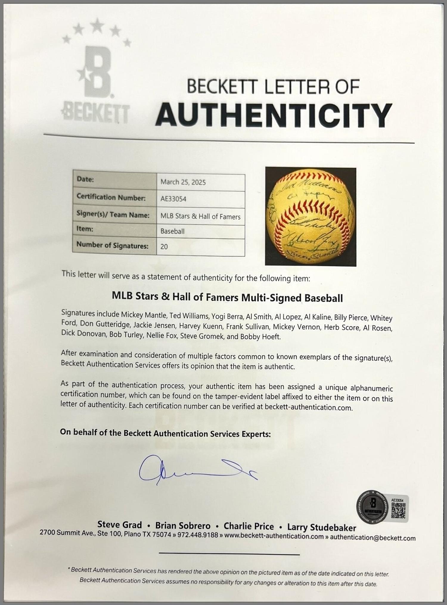A 1955 Multi Signed American League All Star Baseball Including Mickey Mantle and Ted Williams (Beckett Authentication Services)