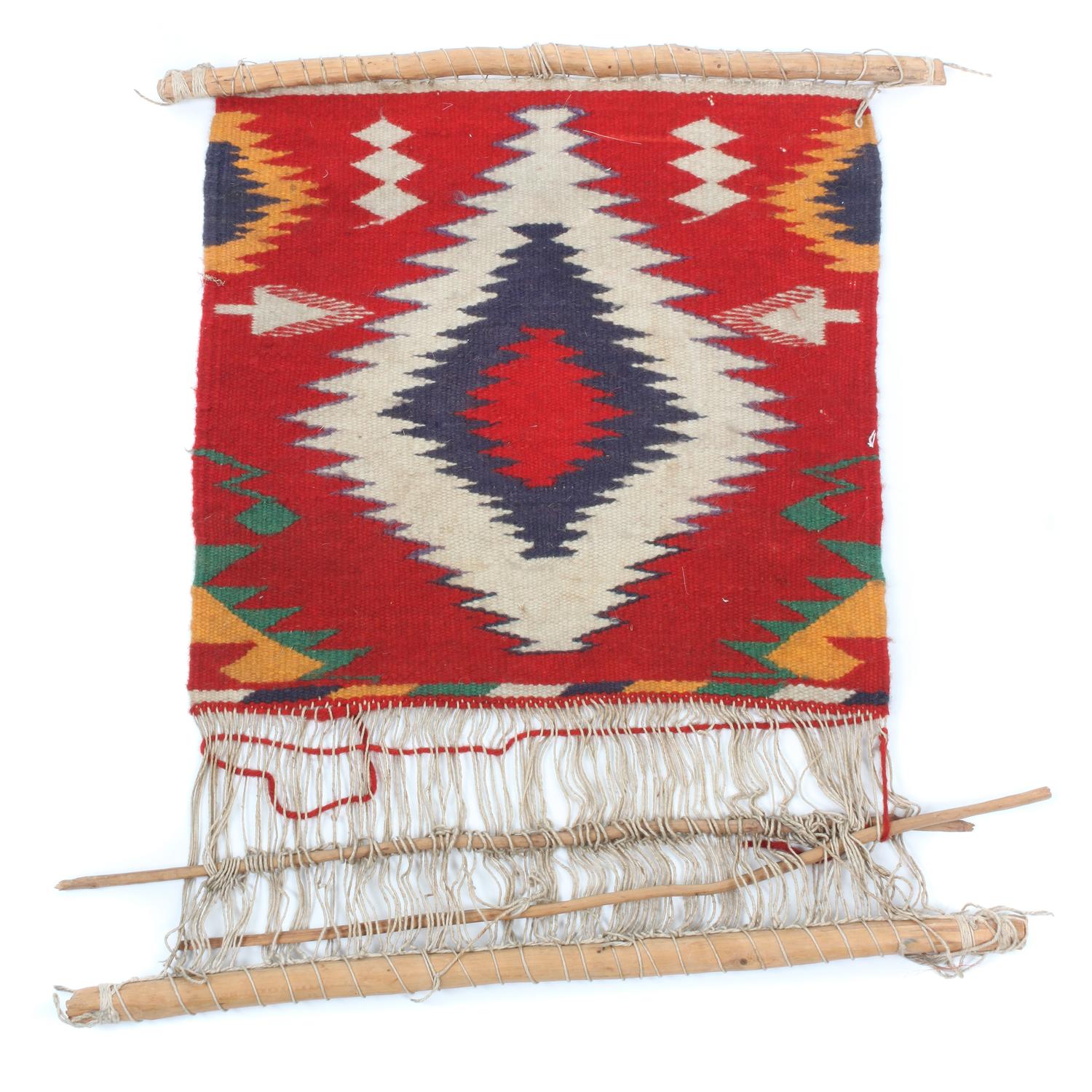Three Navajo Weavings on Looms Height of largest loom 27 x width 43 3/4 inches.