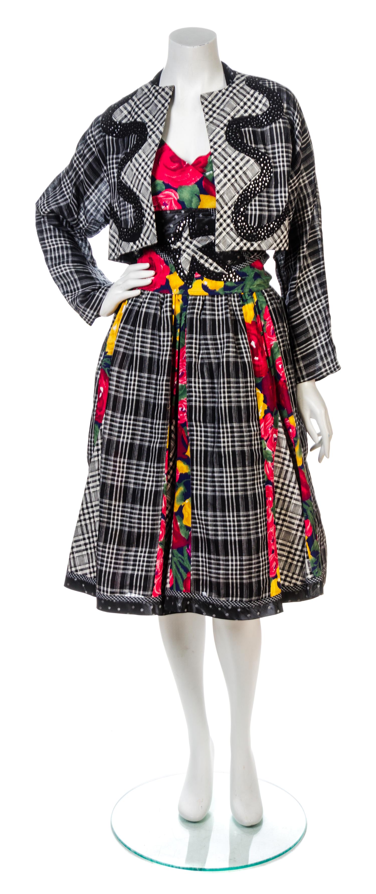 A Koos Van Den Akker Plaid and Floral Cotton Print Skirt Ensemble,