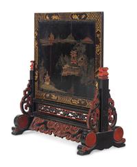 A Chinese Export Painted Table Screen in a Carved Lacquer Stand