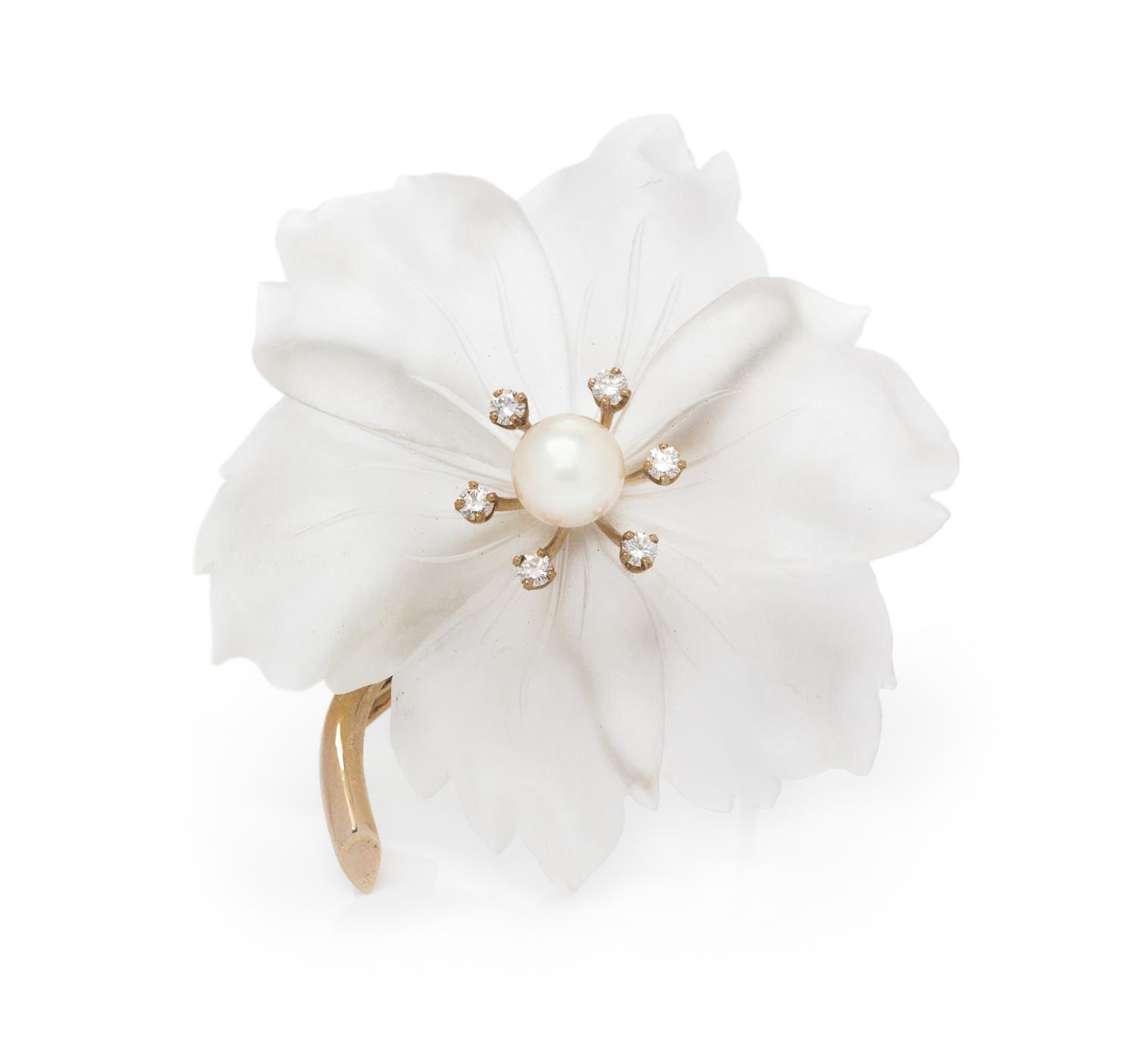 A White Gold, Rock Crystal, Cultured Pearl and Diamond Flower Brooch, Austrian, 17.90 dwts.