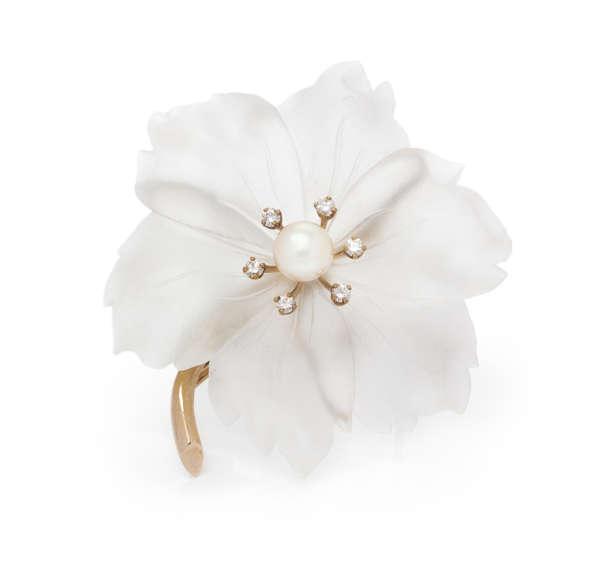 A White Gold, Rock Crystal, Cultured Pearl and Diamond Flower Brooch, Austrian, 17.90 dwts.
