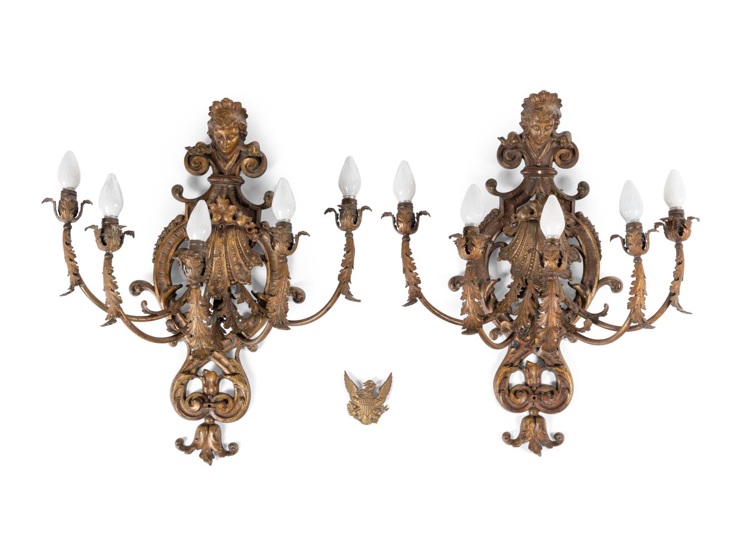 A Pair of Régence Style Gilt Metal Five-Light Sconces