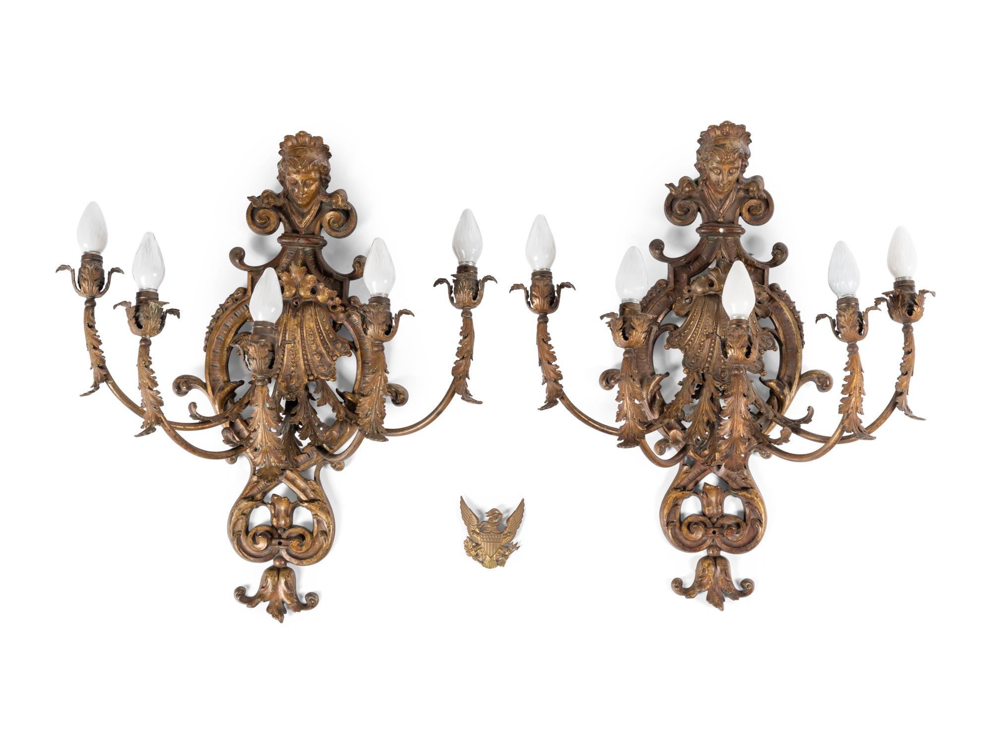 A Pair of Régence Style Gilt Metal Five-Light Sconces