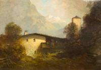 Oskar Mulley, (Austrian, 1891-1949), Mountain Scene with Farmhouse