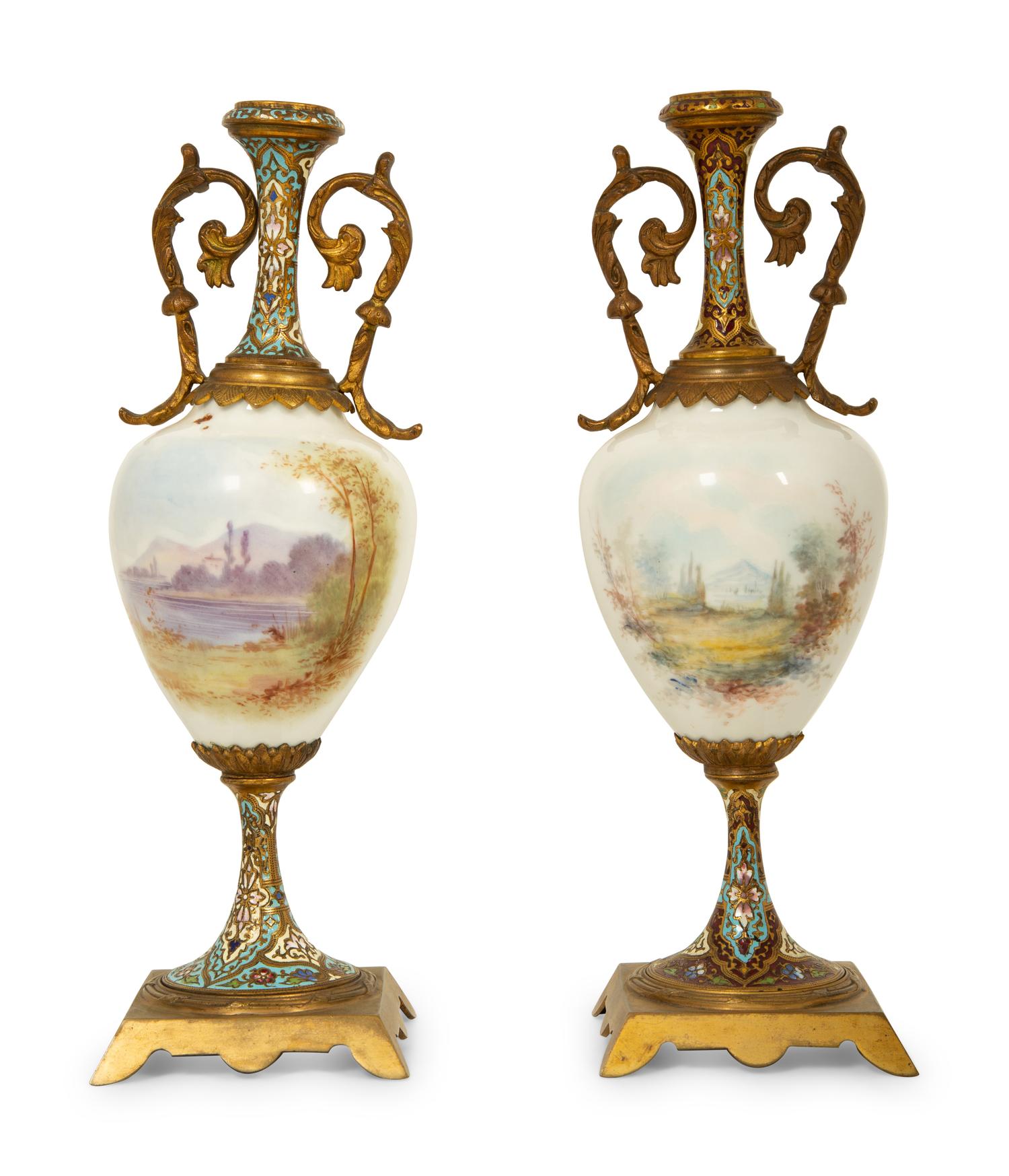A Pair of French Sevres Style Porcelain and Champleve Vases — 19TH/20TH CENTURY