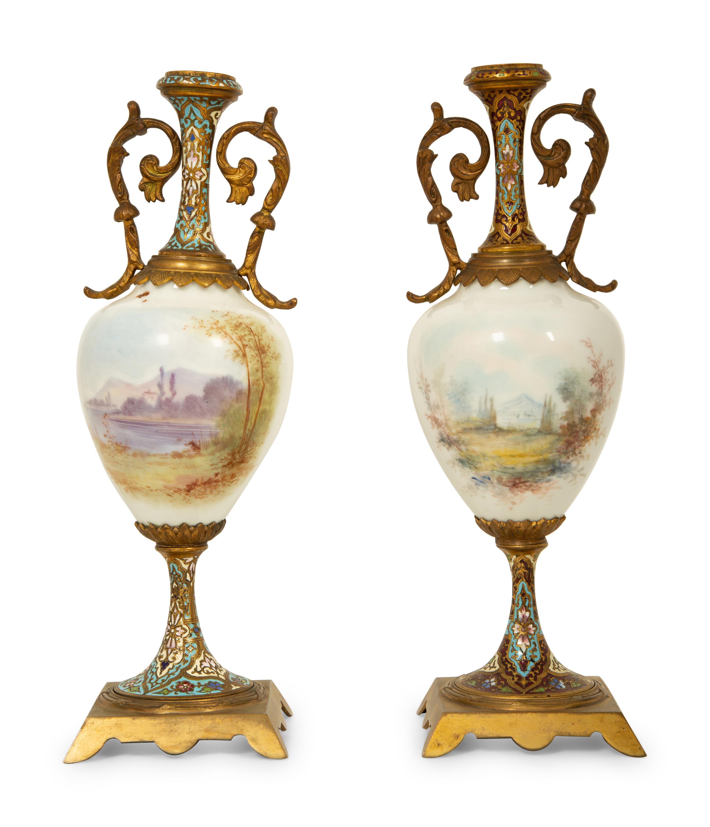 A Pair of French Sevres Style Porcelain and Champleve Vases — 19TH/20TH CENTURY