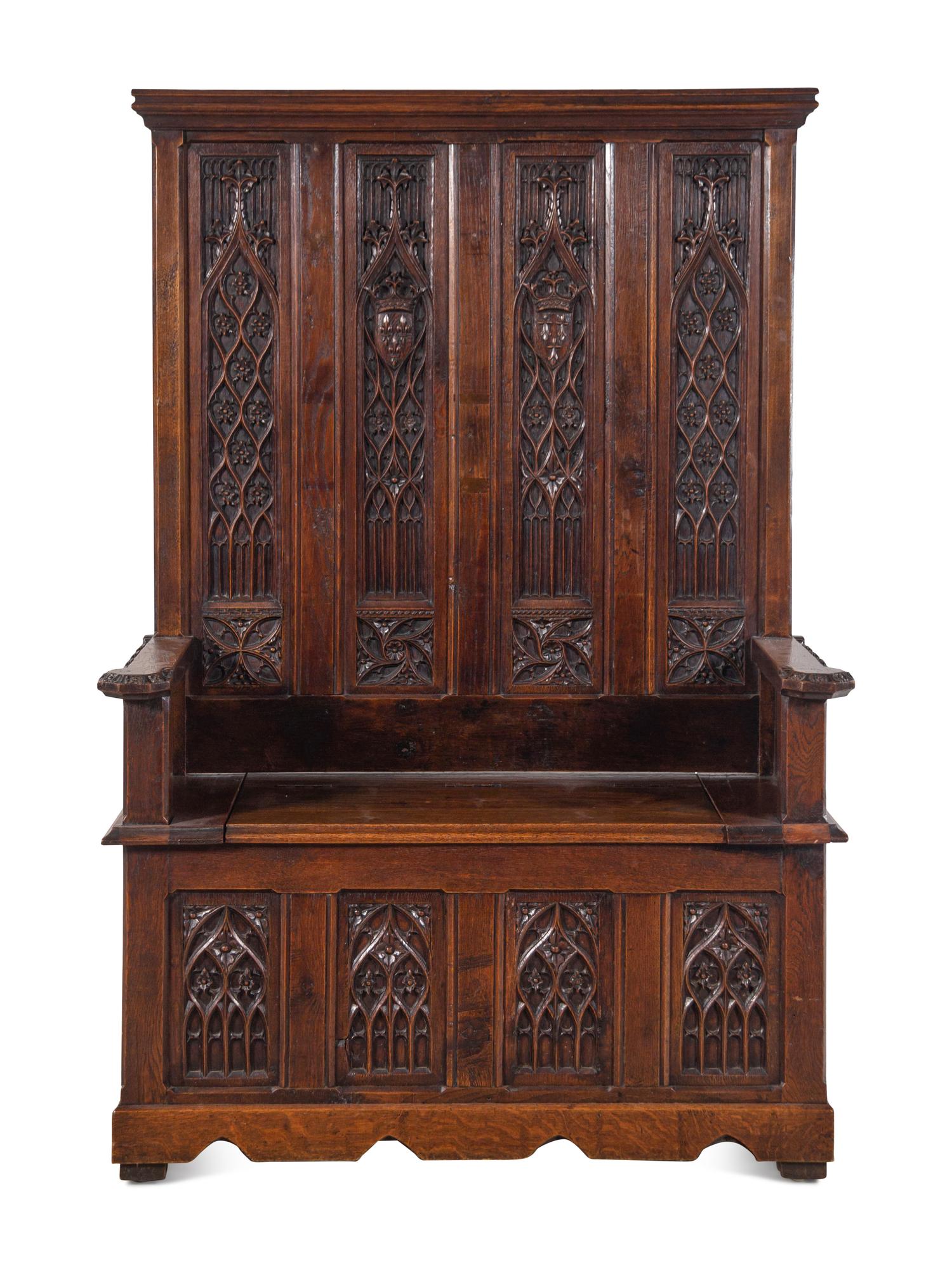 A Gothic Style Carved Oak Hall Bench