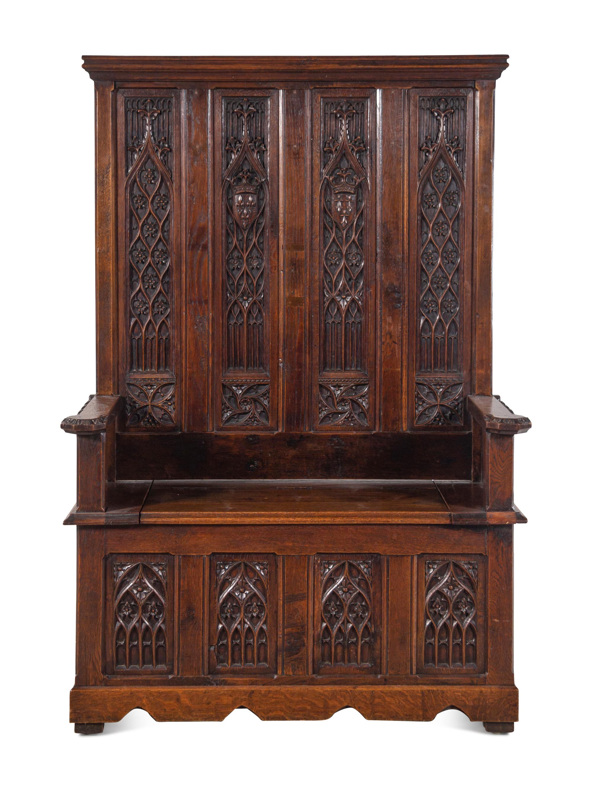 A Gothic Style Carved Oak Hall Bench