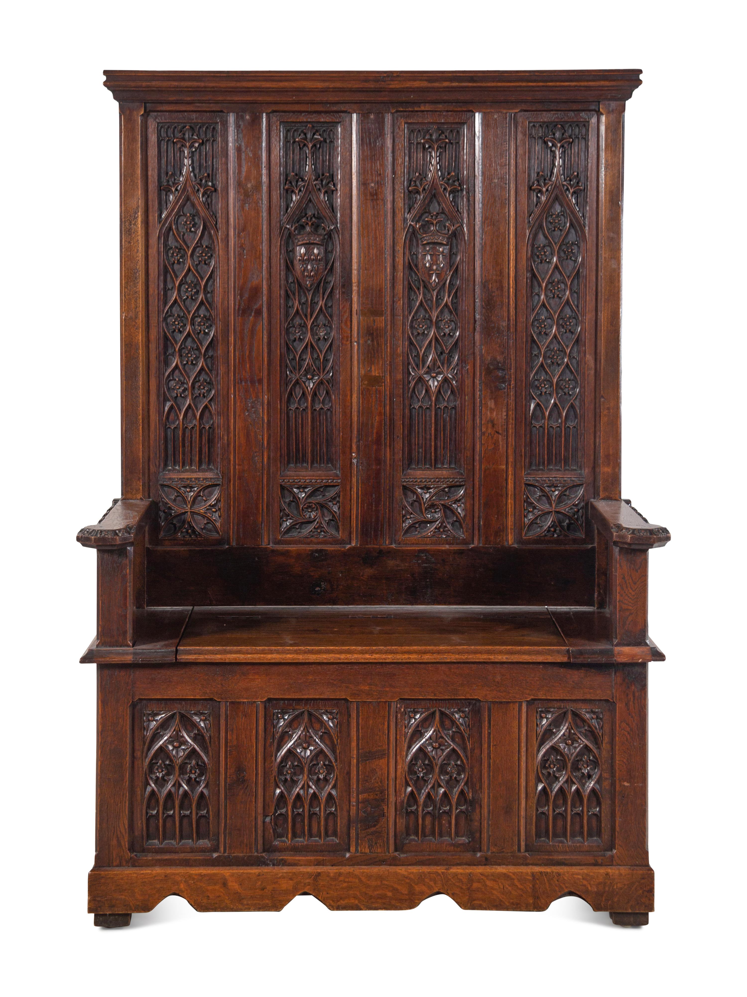 A Gothic Style Carved Oak Hall Bench