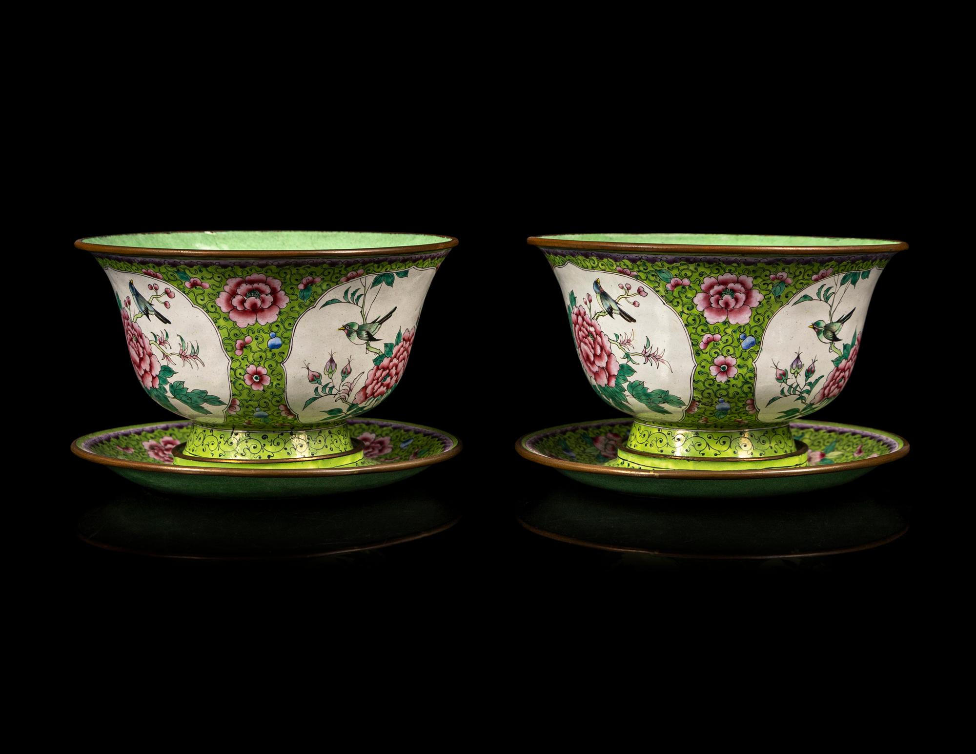 A Pair of Chinese Canton Enamel on Copper Bowls and Stands