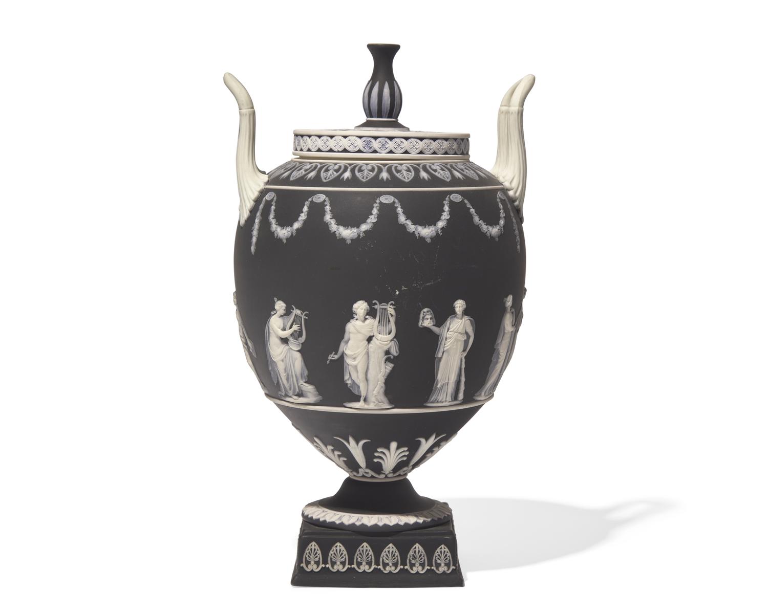 A Wedgwood Black Jasperware Twin-Handled Covered Urn