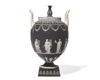 A Wedgwood Black Jasperware Twin-Handled Covered Urn