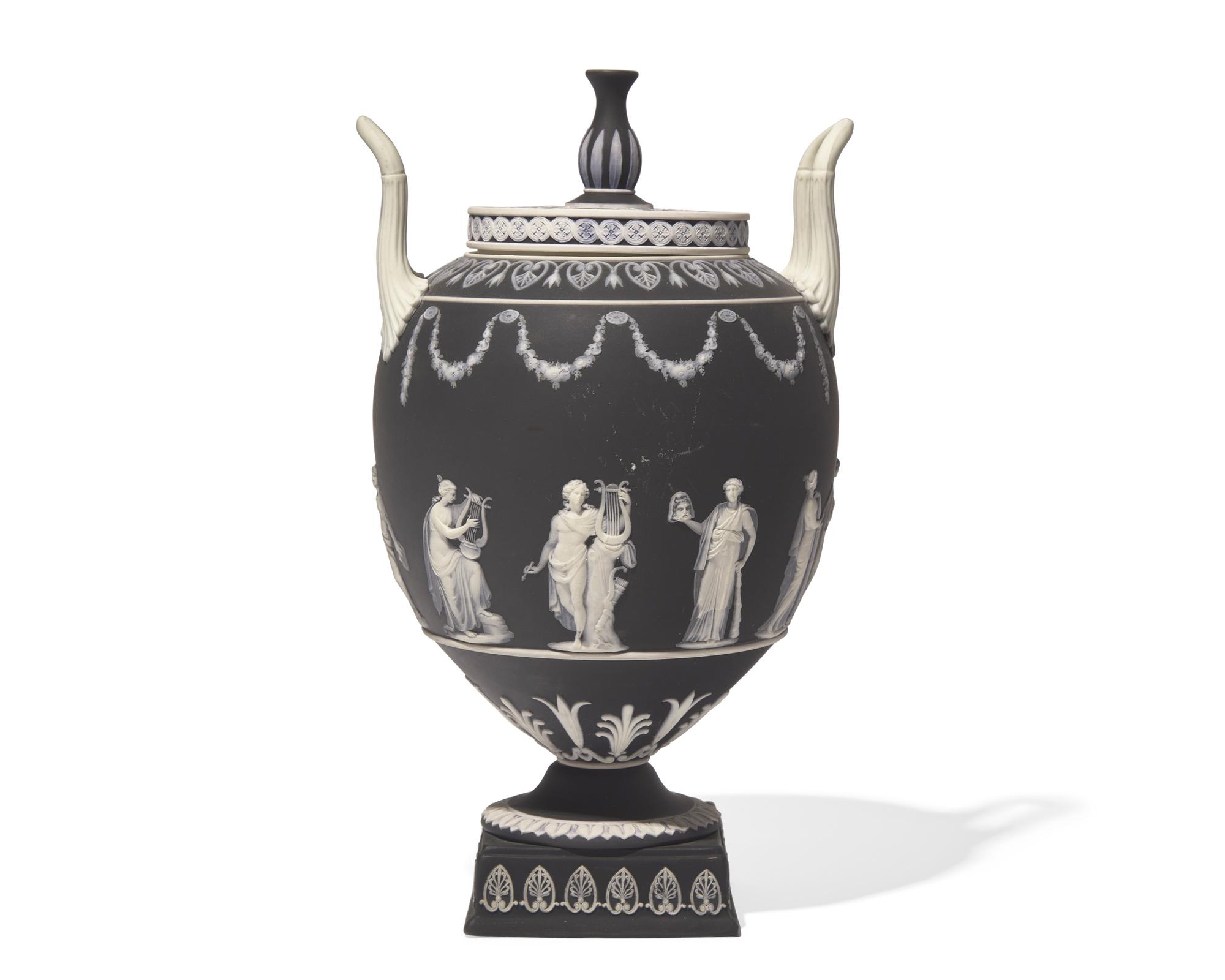 A Wedgwood Black Jasperware Twin-Handled Covered Urn