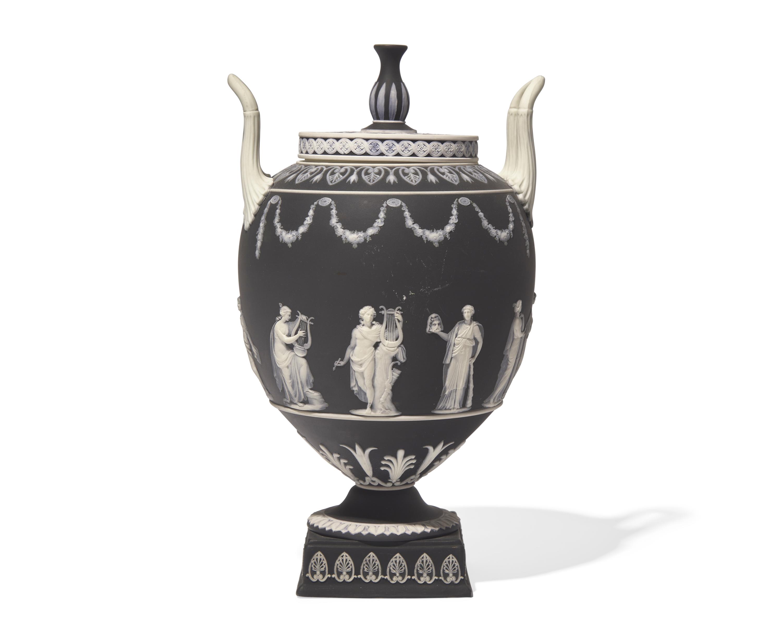 A Wedgwood Black Jasperware Twin-Handled Covered Urn