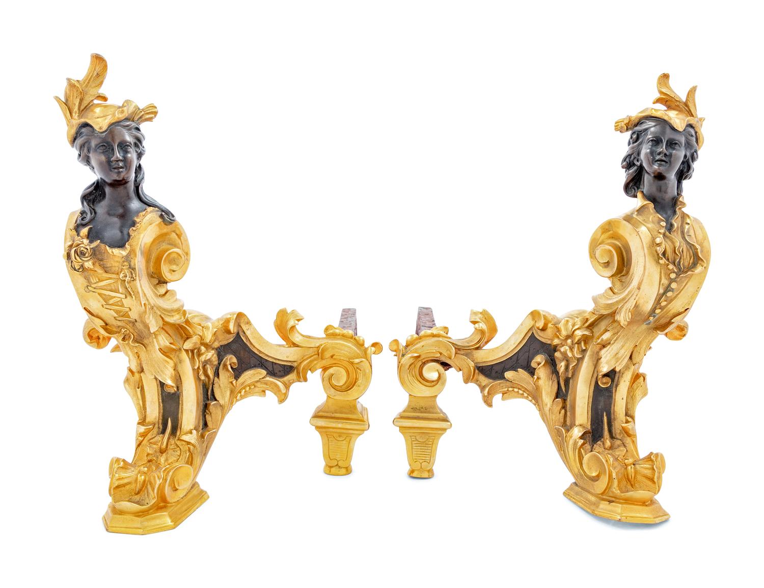 A Pair of French Gilt and Patinated Bronze Chenets with Busts of Ladies