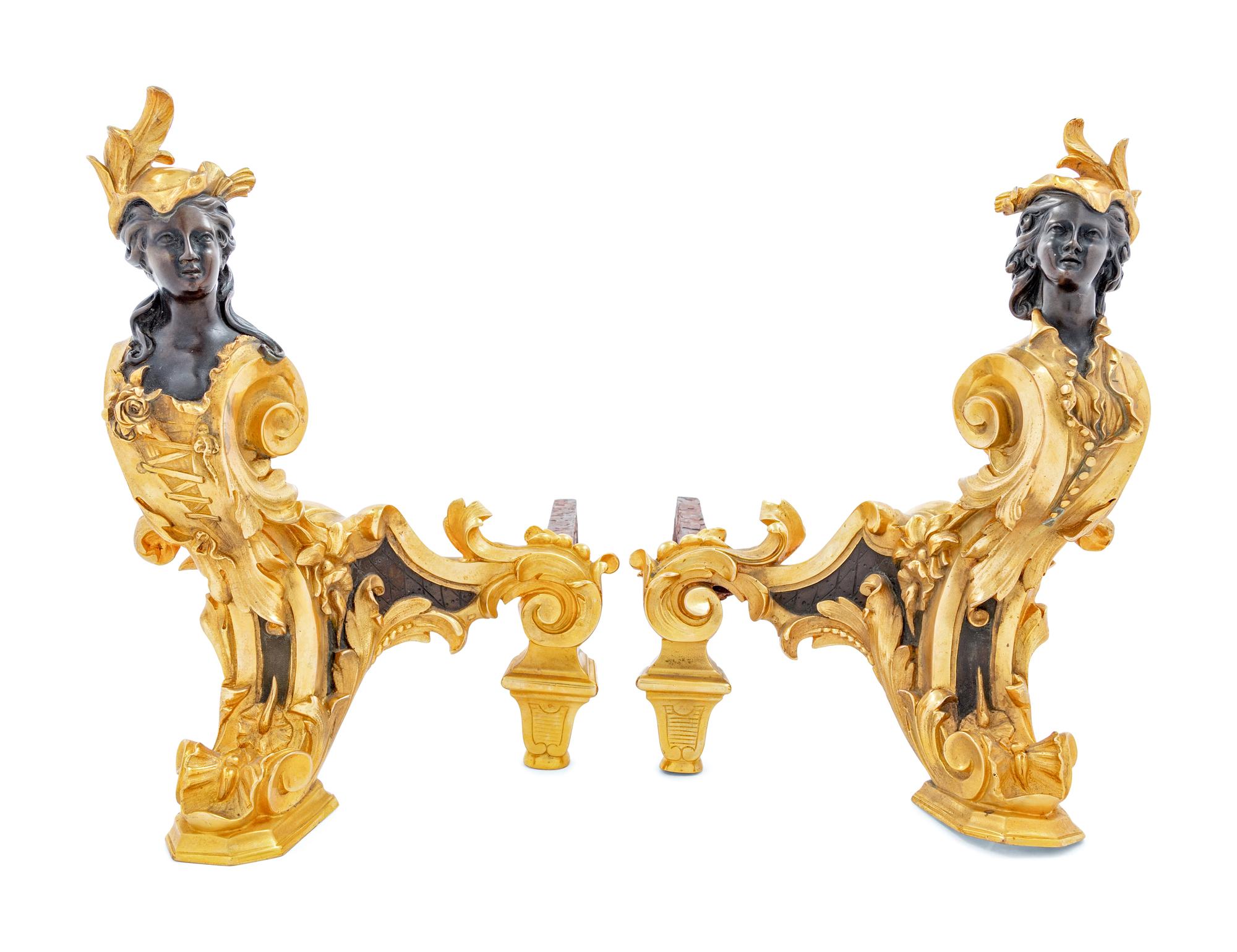 A Pair of French Gilt and Patinated Bronze Chenets with Busts of Ladies