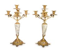 A Pair of Continental Gilt Bronze and Marble Five-Light Candelabra